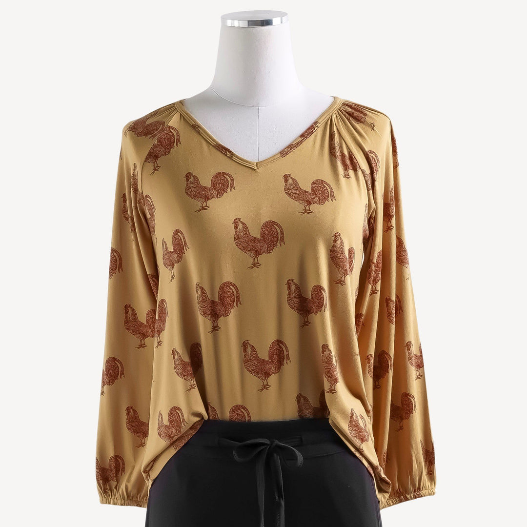 womens long sleeve v-neck gathered top | russet rooster | bamboo
