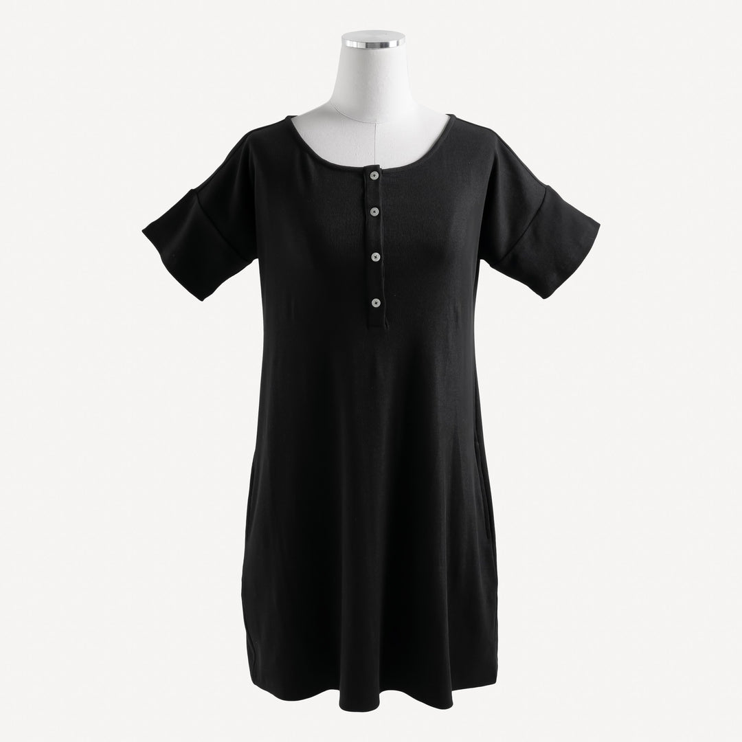 womens henley pocket tee dress | black | organic cotton skinny rib