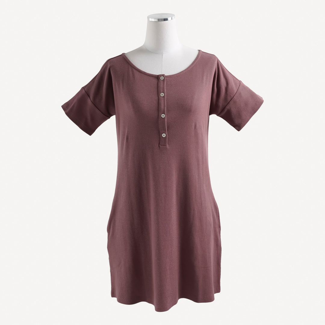 womens henley pocket tee dress | rose brown | organic cotton skinny rib