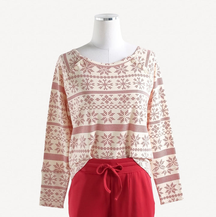 womens long sleeve relaxed raglan top | red nordic snowflake | raw edge organic cotton