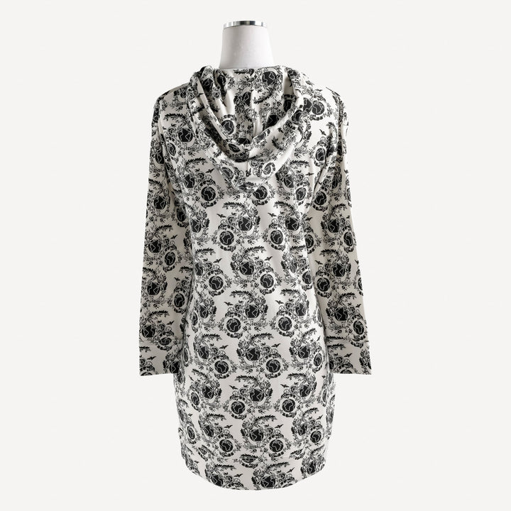 womens pocket hooded dress | onyx peace on earth | raw edge organic cotton