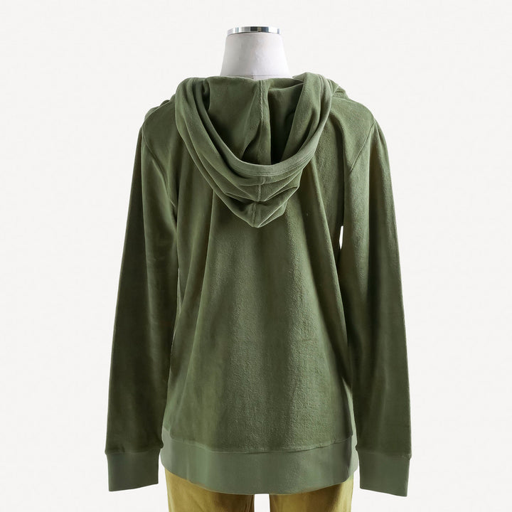 womens velour henley hoodie | dark olive | organic cotton velour