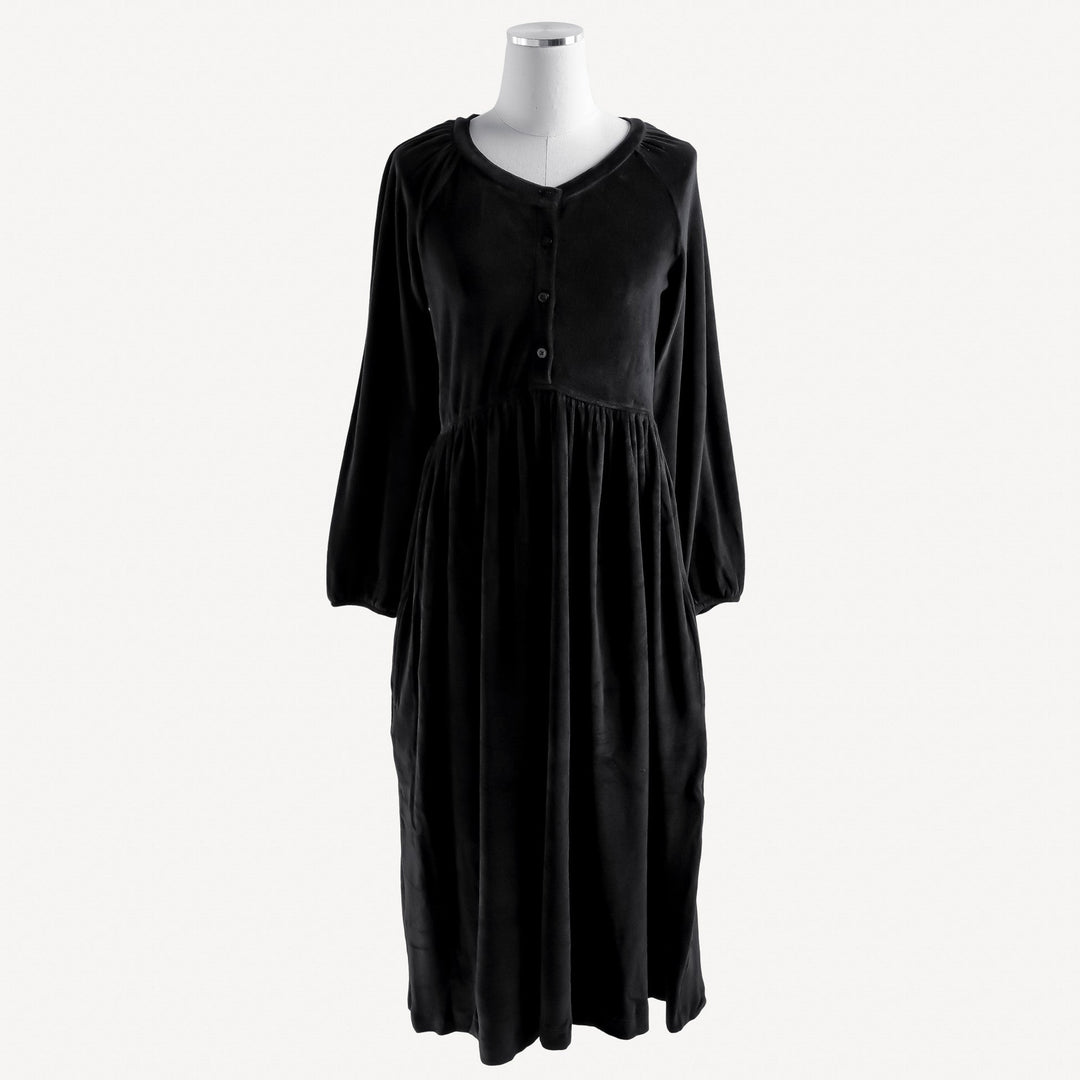 womens gathered button pocket dress | black | organic cotton velour