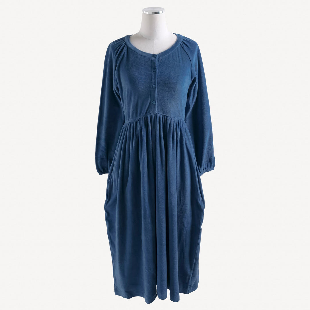 womens gathered button pocket dress | bijou blue | organic cotton velour