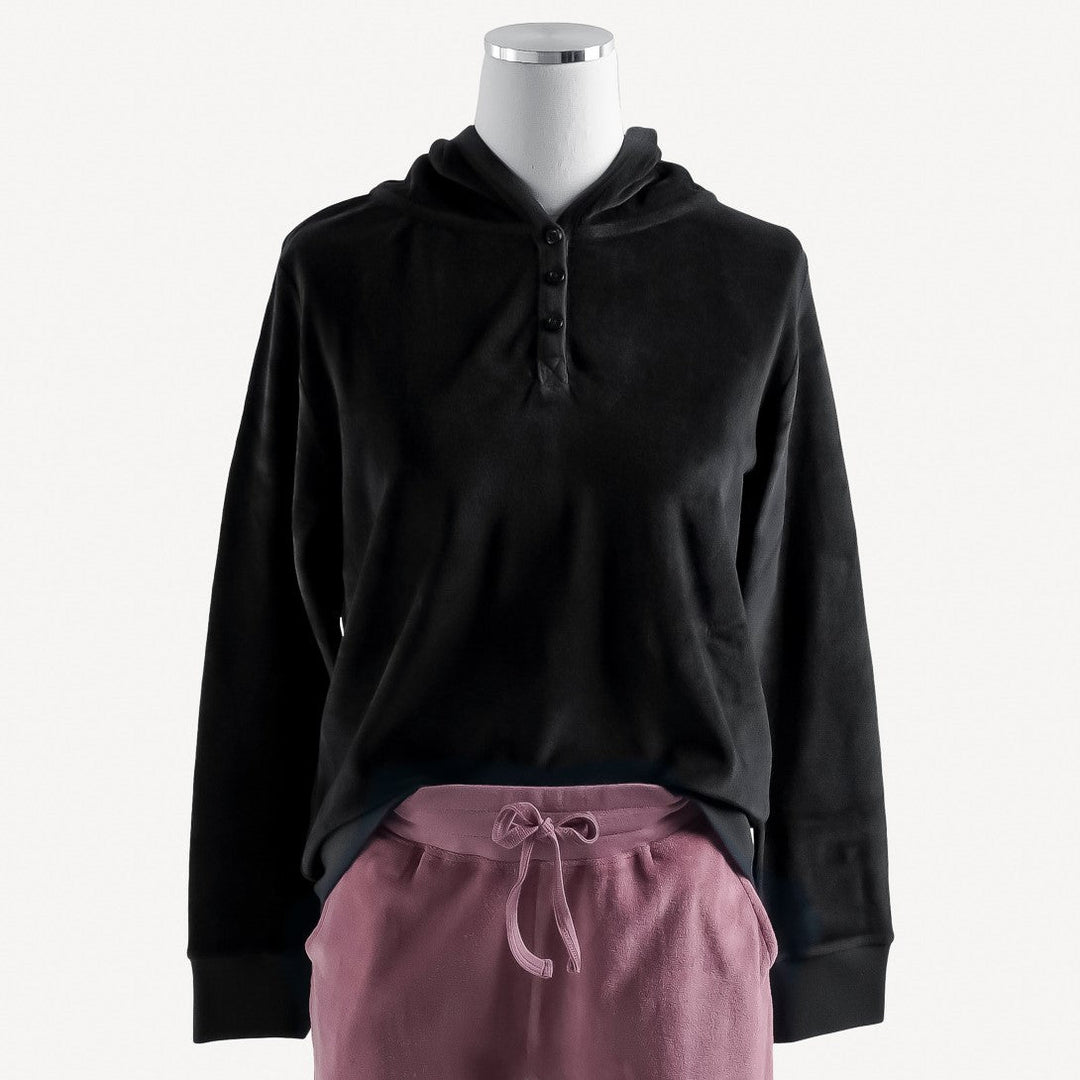 womens velour henley hoodie | black | organic cotton velour