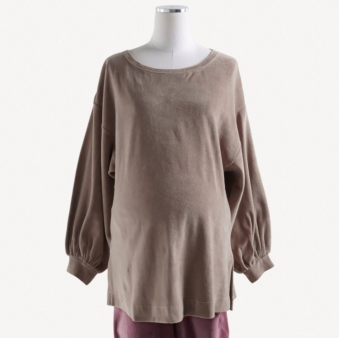 womens maternity gathered sleeve tunic | chanterelle | organic cotton velour