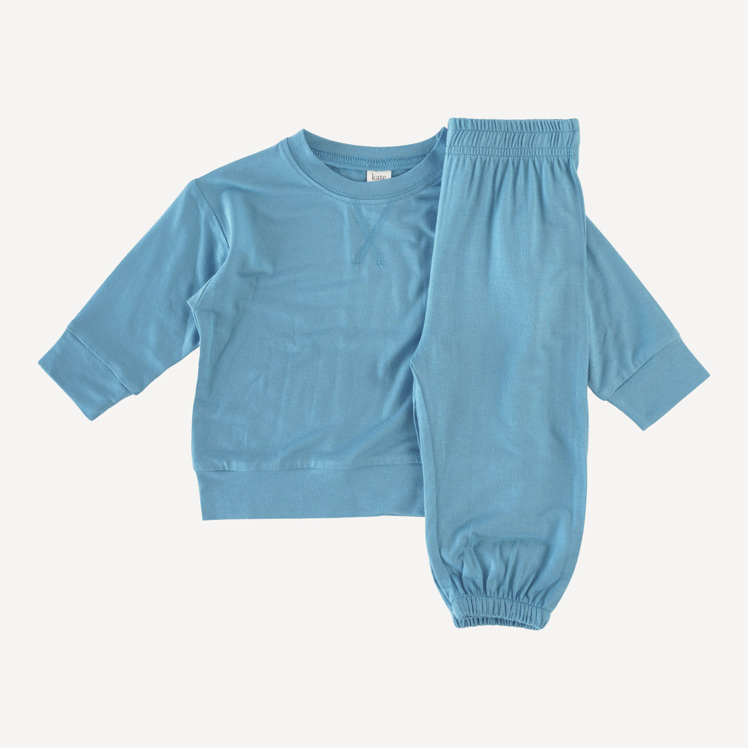 long sleeve boxy topstitch tee and relaxed jogger set | blue wave | bamboo